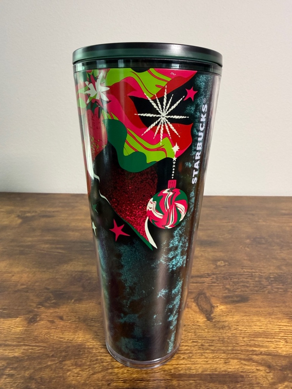 NWT Starbucks Black Green and Red Holiday Ornament Tumbler, 24 Oz